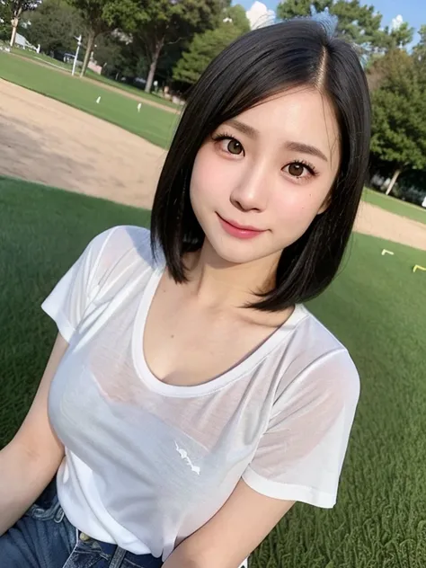 (kawaii 24 year-old Japanese girl, Nogizaka idol, Korean idol), healthy female athlete body, (glossy black hair, very short hair, messy hair edge, symmetric hair style:1.3), (bangs), (rounded face, brown eyes, single eyelid, no makeup, soft smiling:1.2), (...