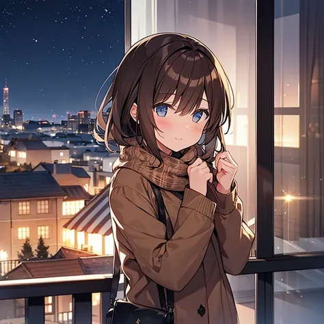 girl, short brown hair, on balcony at winter night