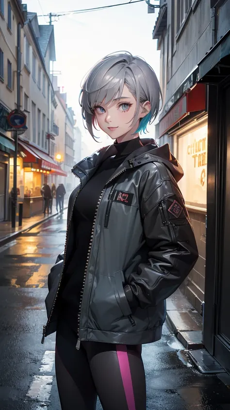 (Highly detailed CG unit 8k wallpaper, masterpiece, High resolution, highest quality, natural skin texture), Composition from head to stomach:1.5, (20 year old woman, Hands in pockets pose:1.5, smile, detailed eyes, gradient eyes), (grunge fashion, Coordin...