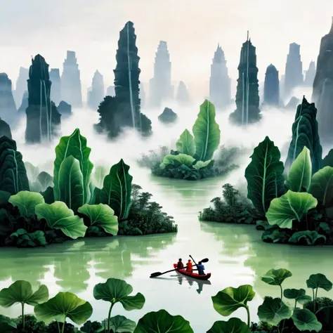 Imagine an expansive, dew-filled terrain where colossal bok choy leaves rise like lush green skyscrapers in a verdant metropolis. In the foreground, a small red boat with two tiny adventurers is rowing across a reflective water surface that seems vast and ...