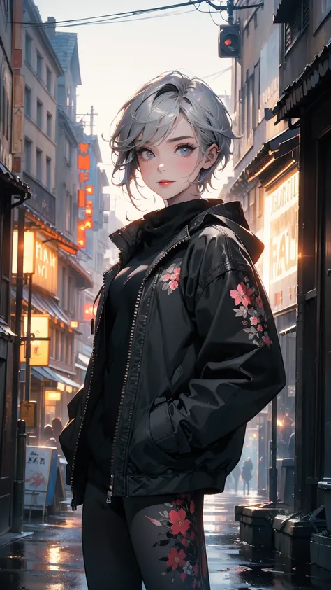 (Highly detailed CG unit 8k wallpaper, masterpiece, High resolution, highest quality, natural skin texture), Composition from head to stomach:1.5, (20 year old woman, Hands in pockets pose:1.5, smile, detailed eyes, gradient eyes), (grunge fashion, Coordin...