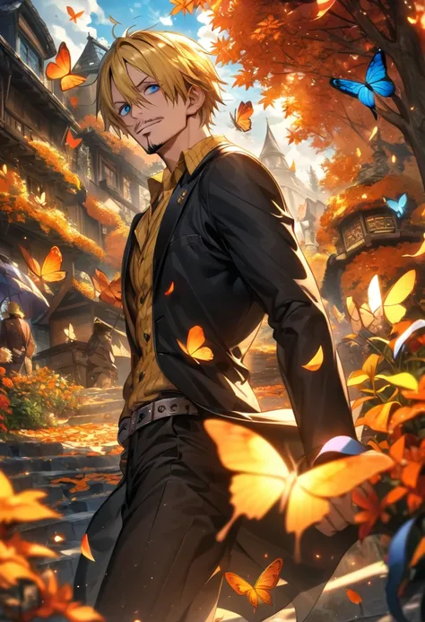 Ultra detailed, highres, absurdres, HDR, Sanji, blonde hair, blue eyes, One Piece, handsome, 1 man only, orange leaves, petals, flowers, butterflies, autumn,