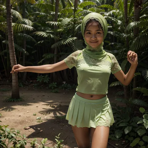 A 9 years old Indonesian woman in light green hijab, wearing very short light green lace tight t-shirt, wearing very short see-through light green lace skirt, skirtlift, villager, poor woman, darker skin, curvier body, short body, small breasts, flat-chest...