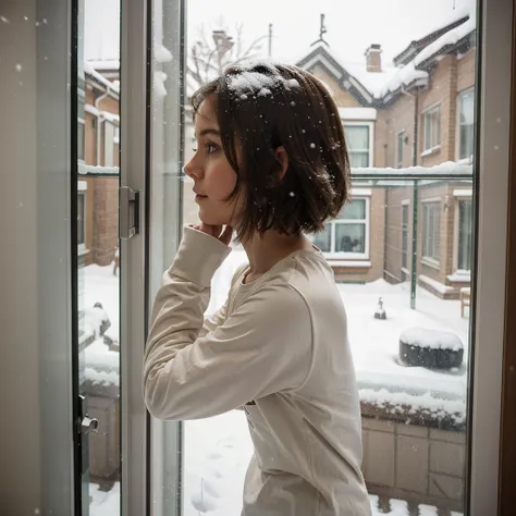 girl with short brown hair in long-sleeved t-shirt, looking out of the room window while snow falls