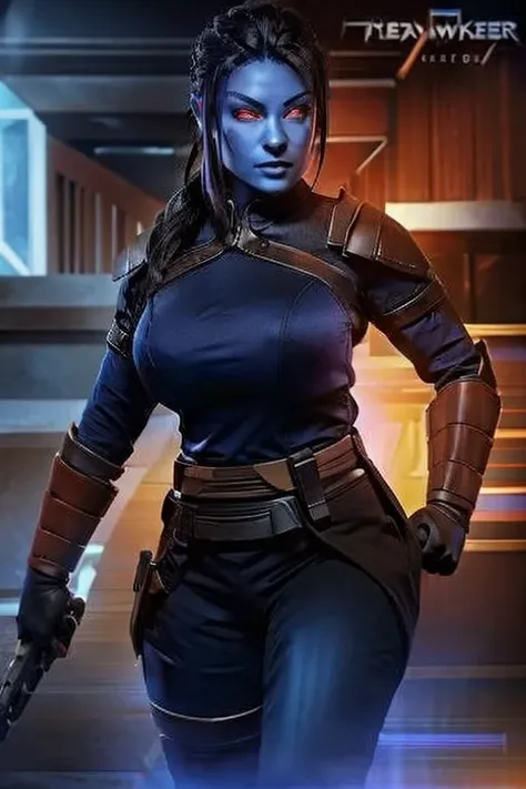 female chiss, "blue skin", "black hair", "red eyes", wearing "black and brown body armor", tool belt, full body pose,