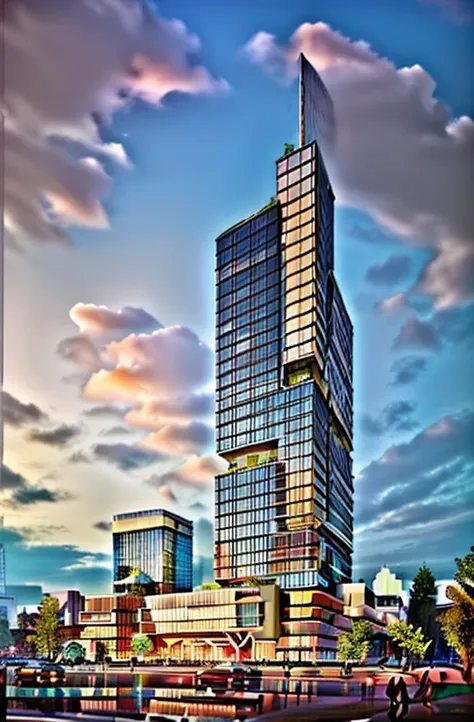 luxury glass office building, luxury shopping mall at podium, (glass facade with high reflection:1.2), (sunset time:1.2), plenty...