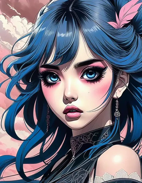 a young attractive Gothic anime girl, strong Gothic makeup, expressive big eyes, mascara running down her face, defiant manicure, oblique bangs, dark clouds, Anime Line Drawing [pencil-drawing: pink+blue+sepia], ((Guwayz style)) intricate, unusual detailin...