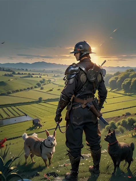  Cartoon style pictures ，(Europe)，（Shooting from above），man,midnight，Overall black tone，  Medieval metal armor， Medieval dilapidated countryside village，farmland，river，farm cattle，dog，chicken，duck，rabbit，torch，horse，farmer，companion，Soldier，laboeld，farming...