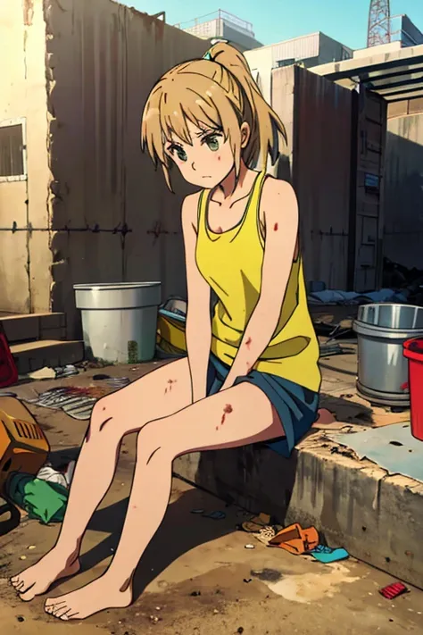 Poor girl,rubbish,Tank top,barefoot,Dirty girl working at a construction site