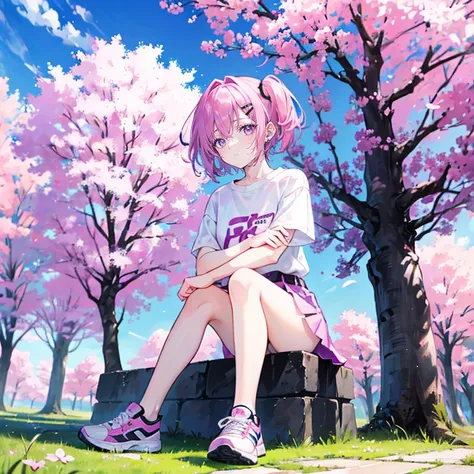 pink hair，purple eyes，short hair，hair one side up，earring ，Two black hairpins，white shirt，skirt，Wearing sneakers，whole body，Dont show your arms，The background is a lawn，Lots of cherry blossom trees，Blue sky and white clouds