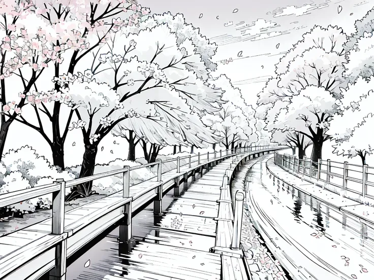 (best quality,4k,highres:1.2),anime line art,walking under a cherry blossom avenue by the river,falling cherry blossoms,1girl