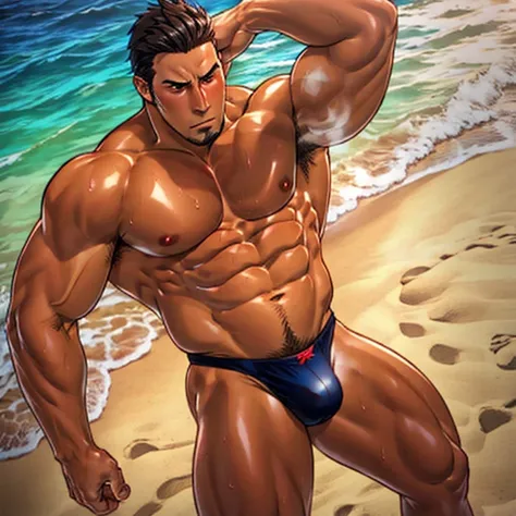 1boy,from below,cowboy shot,kiryu kazuma,black hair,black eyes,stubble,tanned sweaty muscles,glossy dark skin,completely naked,all black tight thong only,erecting huge bulge,breathing heavily,The whole body is covered in a lot of sweat.,standing on beach,l...