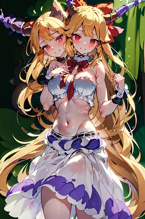 (masterpiece, best quality), best quality, (ultra-detailed), (3heads:1.5), 1girl, (suika ibuki:1.3), masterpiece, (best quality:1.5, highres, UHD), highres, absurdo, ultra detail, ultra quality, Ultra resolution, tattered pale pink top, crop top, ((stomach...