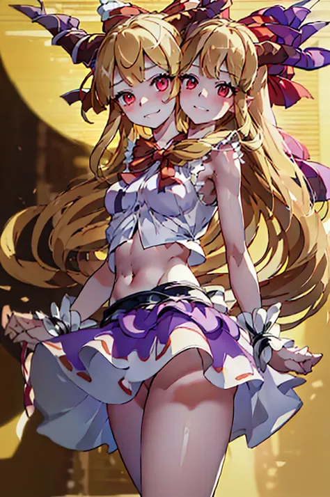 (masterpiece, best quality), best quality, (ultra-detailed), (3heads:1.5), 1girl, (suika ibuki:1.3), masterpiece, (best quality:1.5, highres, UHD), highres, absurdo, ultra detail, ultra quality, Ultra resolution, tattered pale pink top, crop top, ((stomach...