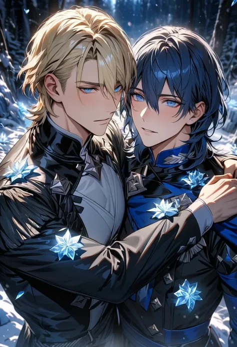 absurdres, highres, ultra detailed, HDR), masterpiece, Dimitri, blond hair, hair between the eyes, expressive blue eyes, fire emblem three houses, Byleth, dark blue hair, hair between the eyes, expressive blue eyes, 2men together, gay couple, extremely han...