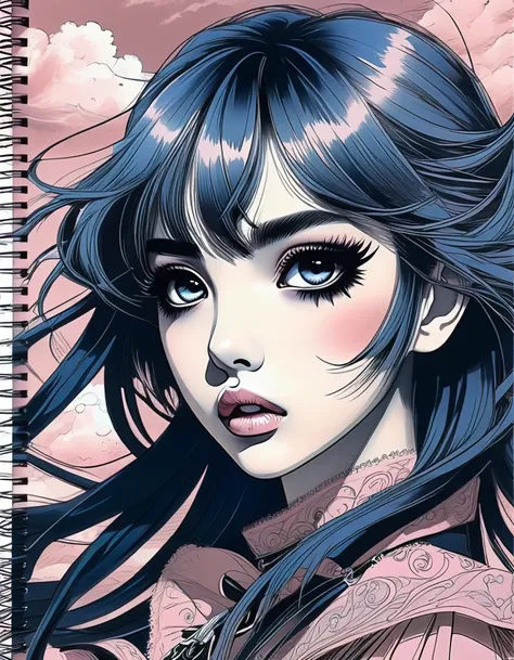 [((Anime line drawing on a notebook sheet))]:a young attractive Gothic anime girl, strong Gothic makeup, expressive big eyes, mascara running down her face, defiant manicure, oblique bangs, dark clouds, ((Anime Line Drawing)) [pencil-drawing: pink+blue+sep...