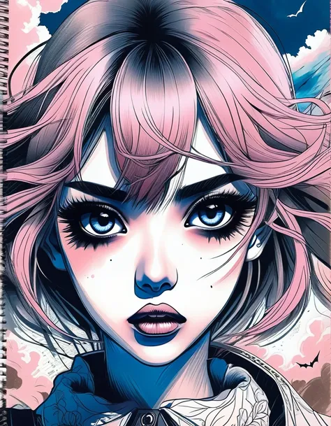 [((Anime line drawing on a notebook sheet))]:a young attractive Gothic anime girl, strong Gothic makeup, expressive big eyes, mascara running down her face, defiant manicure, oblique bangs, dark clouds, ((Anime Line Drawing)) [pencil-drawing: pink+blue+sep...