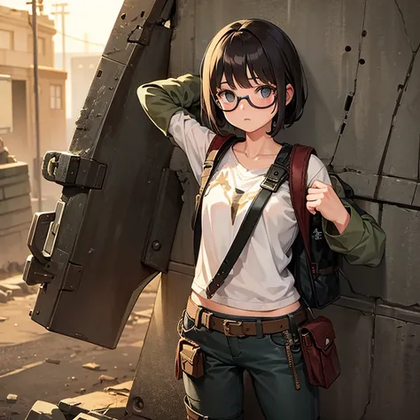 A girl in an apocalyptic world with worn clothes, mochila y botas con lentes y cabello rubio