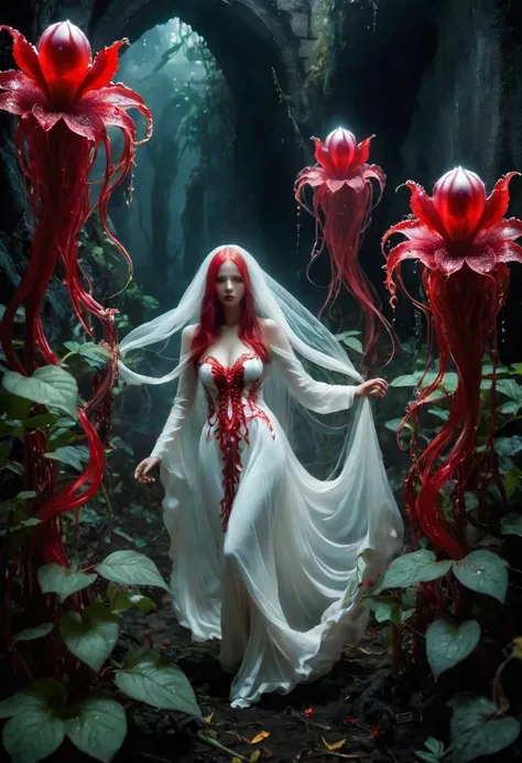 Magic plantloody ghost flower from the abyss, Ghost Flower,Blood-red tentacles stare at the dead，Enchantment，uncanny，terror