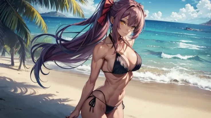 (((1 girl))), naughty smile, on the beach, (Muscular buttocks), (thin waist), (big ass), (((Ichika amasawa))), red ribbon in her hair, ((big yellow eyes) ), excellent anatomy, perfection hands, (((perfection, muscular legs))), (((wearing a short bikini))),...