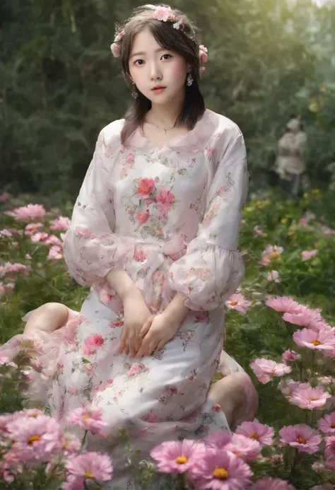 Sitting Woman、6years old、((of the highest quality, 8K,Raw photo)), (Realistic, Photorealistic: 1.37),BREAK、Cosmos flower、Cosmos flower garden、