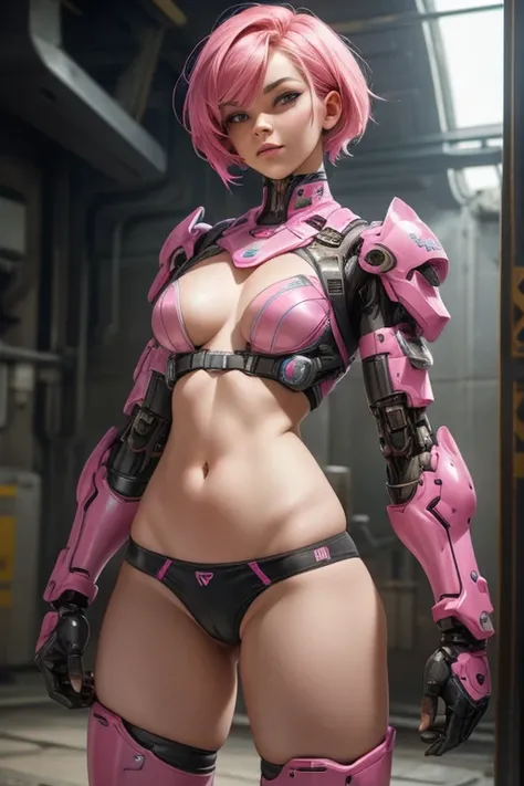 Gorgeous female cyborg with short pink hair, pubic hair, wearing very low cut underwear with pubic hair protruding, mechanical arms, armour, standing 