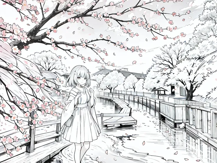 Anime Line Art、cherry blossoms fall、River side、A girl walking under the cherry blossom trees