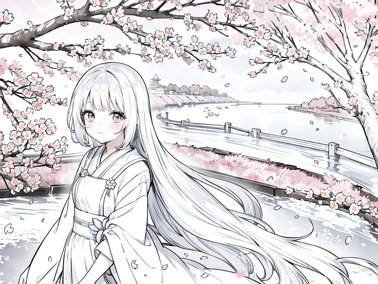 Anime Line Art、cherry blossoms fall、River side、A girl walking under the cherry blossom trees