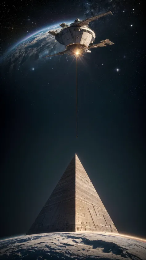 ((masterpiece, highest quality, highest image quality, high resolution, photorealistic, raw photo, 16K)), in center  of picture  a  spacecraft  interstellar space, sophisticated design, vertically  highshapes geometric of pyramid 