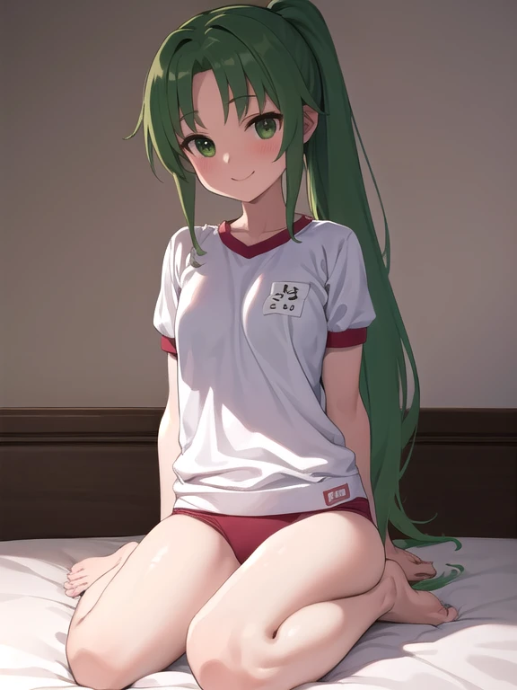 masterpiece, highest quality, Super detailed, 1 girl,  Mion Sonozaki, green hair, green eyes, ponytail, surprise、blush、normal chest、white gym uniform、red bloomers:1.3、(
barefoot)、dark blue socks、big smile、
sit、M-shaped opening:1.3、Im on my knees:1.3、lie do...