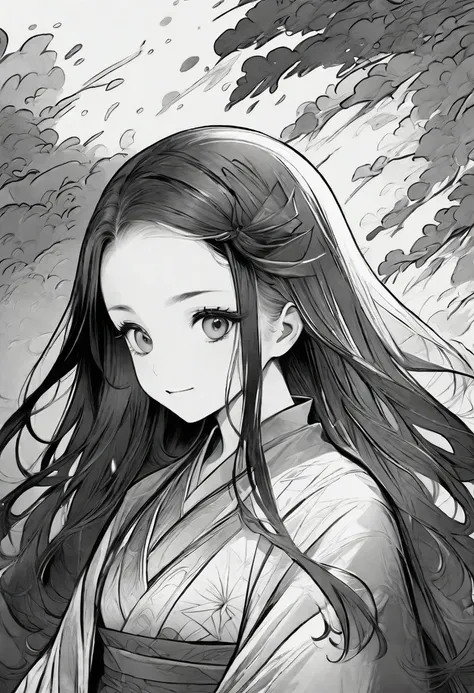 ((line art:black and white)),1 girl, female focus, nezuko, lively, beautiful, painterly, be familiar with, texture, artistic,int...