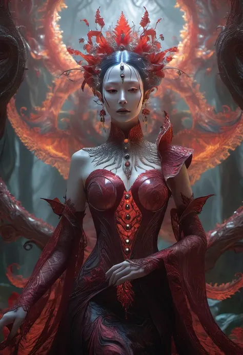 a dark elven queen embodying the essence of fractals, surrounded by the eerie beauty of a magical Ghost Flower with blood-red tentacles reaching out from the abyss. The scene exudes an aura of enchantment, uncanniness, and terror, as the queens mysterious ...