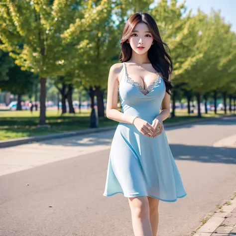 Create realistic 3D images, wide angle, half body, highest resolution. Mongolian female model, beautiful and cute, 25 years old, wearing a sexy short dress, beautiful colors, fashionable, showing off her cleavage, walking in a public park.