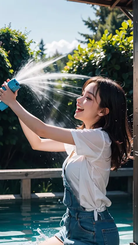 a beautiful girl with stunning blue eyes, dressed casually, is holding a water gun and playfully splashing water and powder arou...