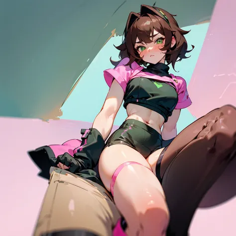 Short,thick,femboy,thunder thighs, brown hair,green eyes, pouting lightly, a small blush, wearing pink+black thigh high socks, black thongs, white crop top sweater.