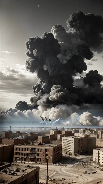 A panoramic view of Stalingrad in ruins and in the years 1942. Edificios medio derrumbados, debris everywhere and smoke rising on the horizon. En el cielo, aviones vuelan y se escuchan explosiones distantes.