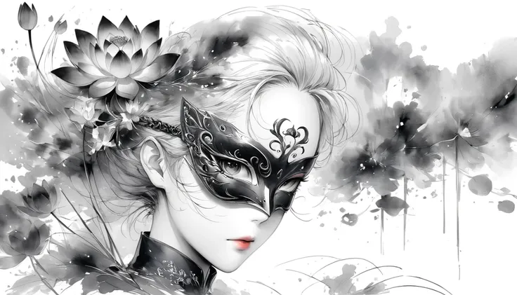 (Anime line drawing:1.5)，(black and white painting:1.45)，Minimalism，(line art:1.6)，sketch，Charcoal drawing，mask，lotus