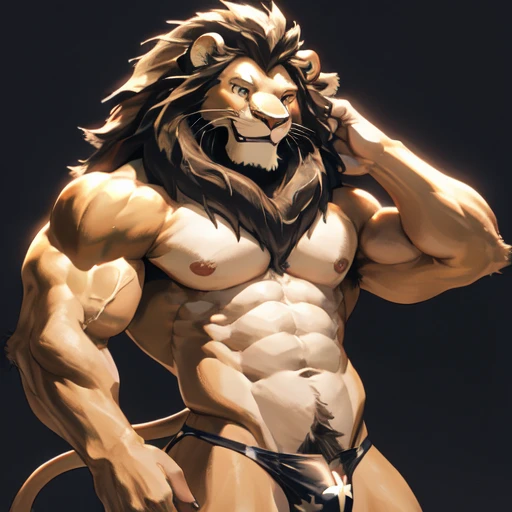 (non-human male lion), white body, white belly, sexy pose, muscular body, alone, kemono, thong, toothy smile,Clear eyes,first round,Mechalion