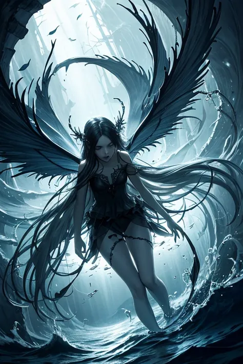 A beautiful fairy intricate wings is drowning and sinking to her death in the dark depths of the ocean. Semi realistic, dark fantasy style, dark romantic style