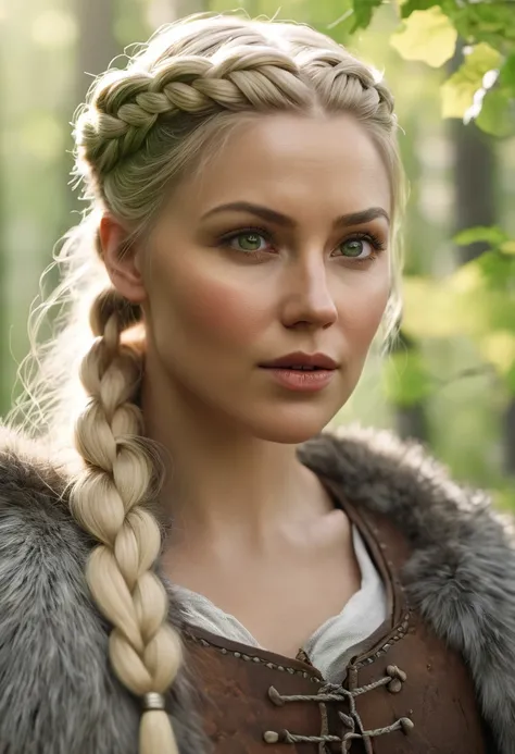 masterpiece:1.2), ultra-detailed, (realistic, photo-realistic:1.37), portrait, (viking woman), scandinavian, 35 years old, chubby, "Ingrid Mueller" (light blonde hair braids), birch forest, natural lighting, soft shadows, green color palette, relaxed expre...