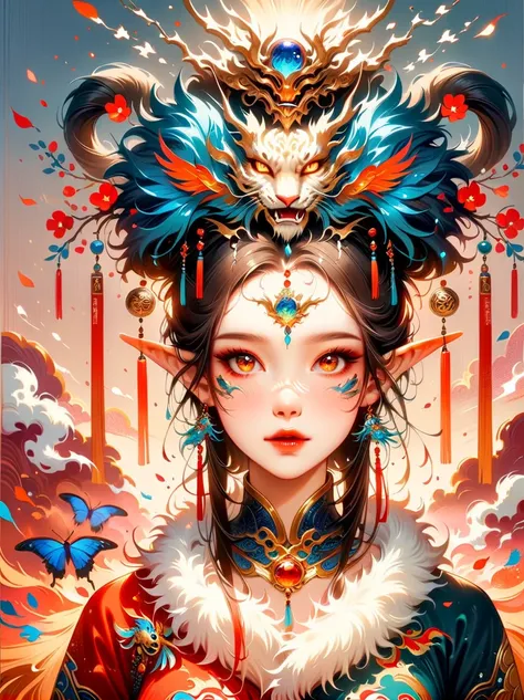 Works of Chinese style masters，(best quality, 4K, high resolution, masterpiece:1.2)，Super detailed，lifelike，shining，Era Spirit，dream色彩，art，Ethereal，dream，whimsical creatures，detailed facial features，glowing eyes，Elf Beauty，Ethereal光辉，mythical creatures，com...