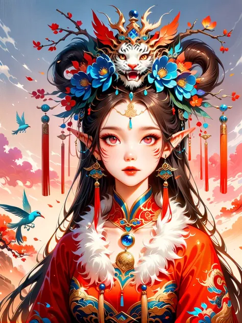 Works of Chinese style masters，(best quality, 4K, high resolution, masterpiece:1.2)，Super detailed，lifelike，shining，Era Spirit，dream色彩，art，Ethereal，dream，whimsical creatures，detailed facial features，glowing eyes，Elf Beauty，Ethereal光辉，mythical creatures，com...