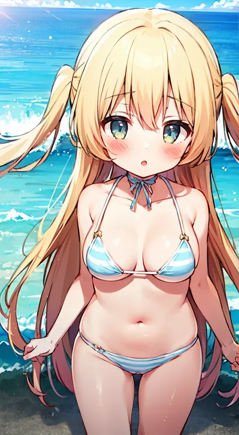 side tie panties,blush, full-face blush,masterpiece, highest quality, (anime screencap:1.3),(shape), cute,(simple:1), (anime:1.2),Solo Sharp Focus, 1 girl, cleavage,looking at the viewer, Ocean,Japan"Okinawa,Are standing,,(NSFW:1.2),micro bikini,pastel col...