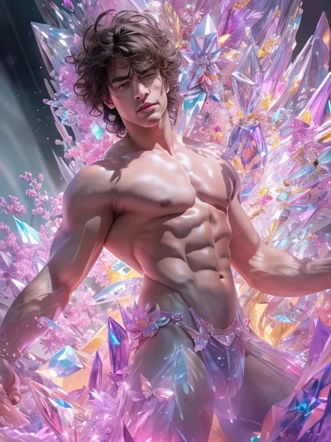 (realistic, Masterpiece, best quality, height, Highly detailed), Handsome young man poses nude surrounded by crystal, The identity of the crystal as a human, 18 year old male, bright colors, realistic light, SPARKLING REFLECTION, Bright and radiant skin, C...