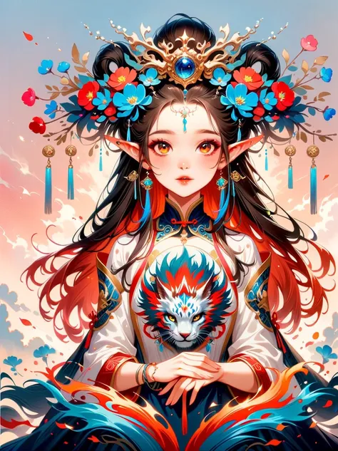 Works of Chinese style masters，(best quality, 4K, high resolution, masterpiece:1.2)，Super detailed，lifelike，shining，dream色彩，art，Ethereal，dream，whimsical creatures，detailed facial features，glowing eyes，Elf Beauty，Ethereal光辉，mythical creatures，composition，Da...