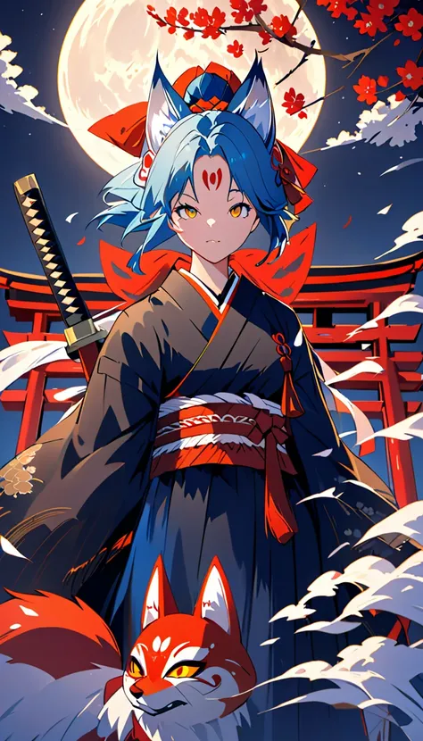 A woman with long blue hair and orange cat eyes is standing against the backdrop of a full moon and a solemn shrine on a dark night, wearing a Japanese-style fox mask with a precise mechanical specification with a red pattern on her head, holding a black J...