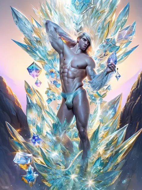 (realistic, Masterpiece, best quality, height, Highly detailed), Handsome young man poses nude surrounded by crystal, The identity of the crystal as a human, 18 year old male, bright colors, realistic light, SPARKLING REFLECTION, Bright and radiant skin, C...