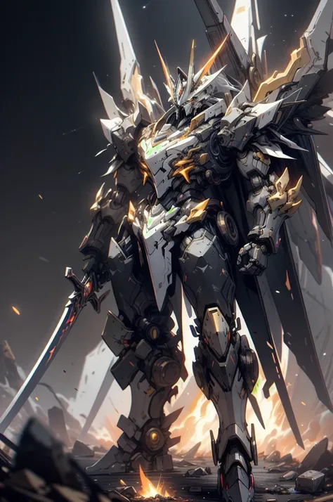 masterpiece,nijimecha,Golden samurai mechs,heavy mechs,heavy armor,energy cores,crystals,stubby limbs,glowing eyes,fire,glow,standing,taller,larger,no human,neon punk,Glitch Art,universe,