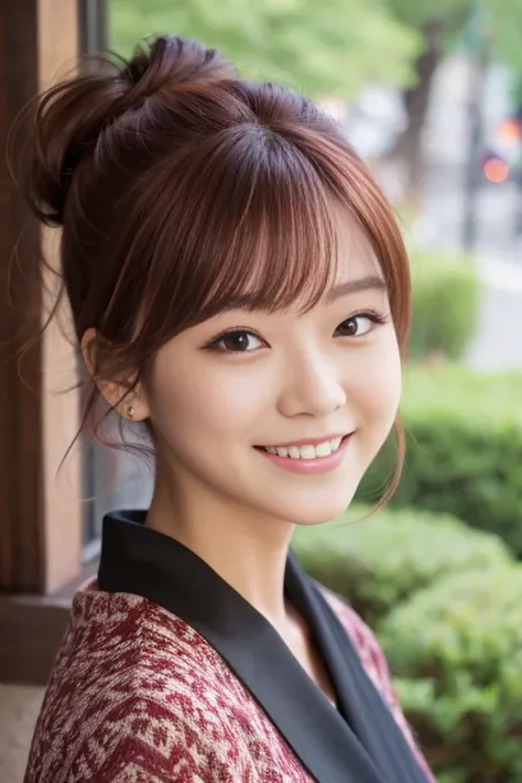 Burgundy hair,BREAK,Highlighted hair,false eyelash,japanese girl,smile,Messy bun