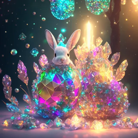 holy light, crystal rabbit, extremely detailed 3d animation, symmetrical rical center, forest background, flashing, bri ght, super clear, transparent, focused light, optics, sur realism, magic, fantasy, composition, rainbow color and starry sky s ky, popul...